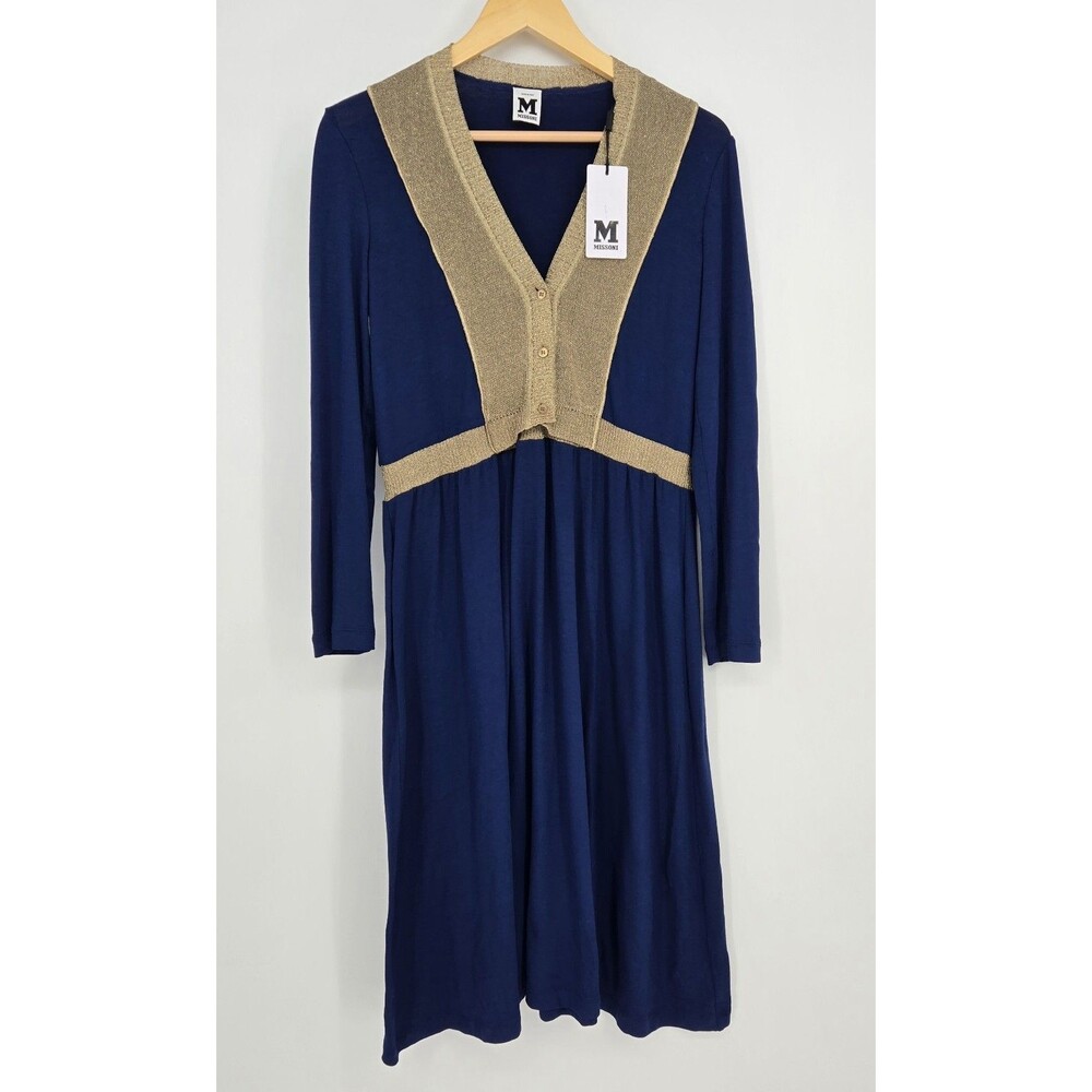 NWT COA $1080 Missoni‎ Wool Blend Dress Made in Italy Blue Gold V-Neck Size S